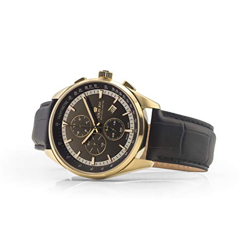 LOUIS-XVI-Herren-Armbanduhr-Varennes-Gold-Schwarz-Chronograph-Analog-Quarz-echtes-Leder-Schwarz-917