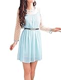 Allegra K Ladies Semi-Sheer Long Sleeves Splicing Belted Dress Light Blue M