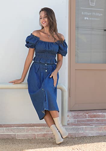 Womens Causal Elastic One Shoulder Denim Top Short Sleeve Shirt (Top, Medium)