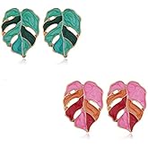 2 Pairs African Natural Monstera Leaves Stud Earrings Set Enamel Tropical Plant Palm Leaf Drop Dangle Earrings for Women Beach Ethnic Summer Boho Jewelry-1