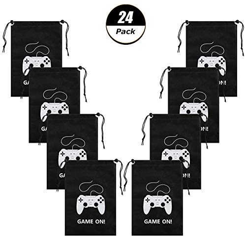AhlsenL 24 Pack Video Game Bags Black Gaming Party Bags Pattern White Gamepad Two Drawstring with Button Non-Woven Fabrics for Kids Birthday Party