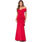 Xscape Womens Long Off Shoulder Sweetheart Neck Side Ruffle Gown (Reg and Petite)
