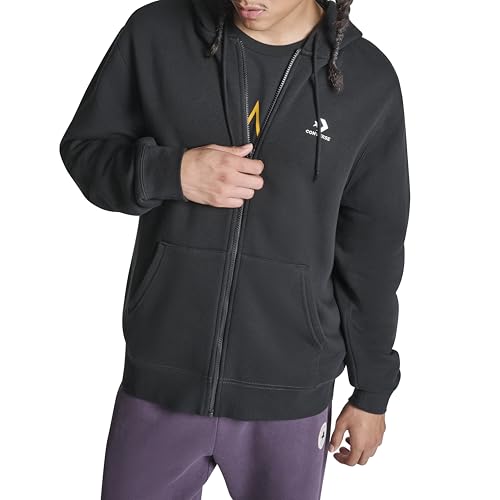 Converse Men's Left Chest Star Chevron Embroidered Full Zip Hoodie, Black, XS