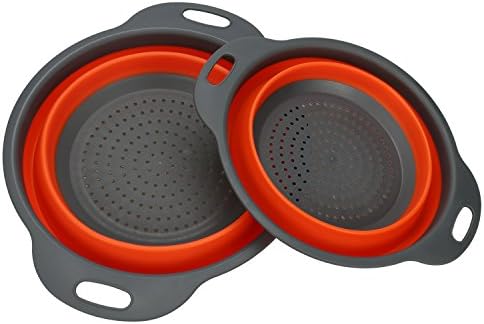 Strainers and Colanders,Pack of 2 Collapsible Colanders Set (1 Big+1 Small),Silicone Folding Vegatables Straners Fruits Holders Basket Foldable Dessert Plates Tray (Round Orange)
