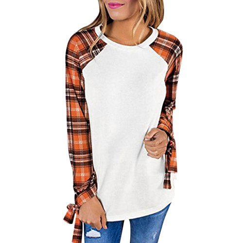 Clearance Deals Patchwork Blouse,ZYooh Fashion Women Round Neck Long Sleeve Plaid Blouse Pullover Tops with Cuff Bow (Orange, XL)