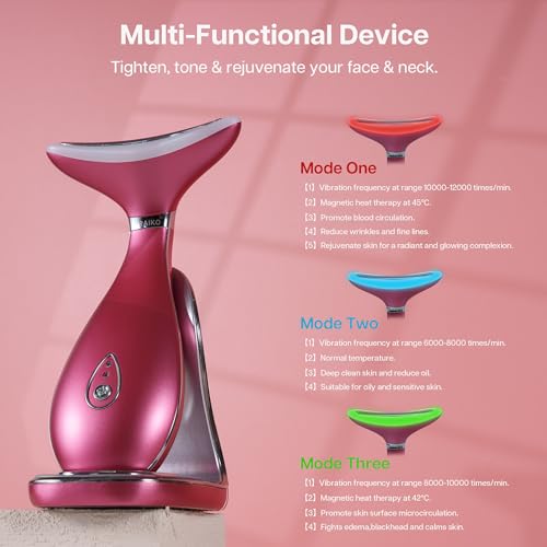 VRAIKO LILY Neck Face Massager, Face Sculpting tool, Skin Rejuvenation Device with Thermal, Triple Action LED and Vibration, for Anti-aging, Lifting and Tightening Sagging Skin (Spicy Pink)