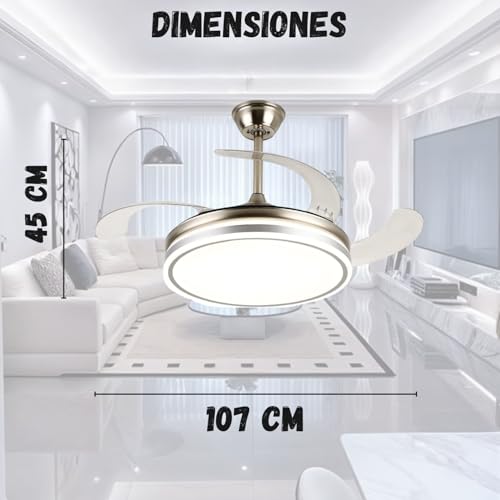 Megaluz F8585-42 Ventilador de techo con luz led y control remoto y APP, 42 pulgadas, luz fría, cálida y neutra, aspas retractiles, Abanico de techo 3 velocidades y motor silencioso (Metal satinado).