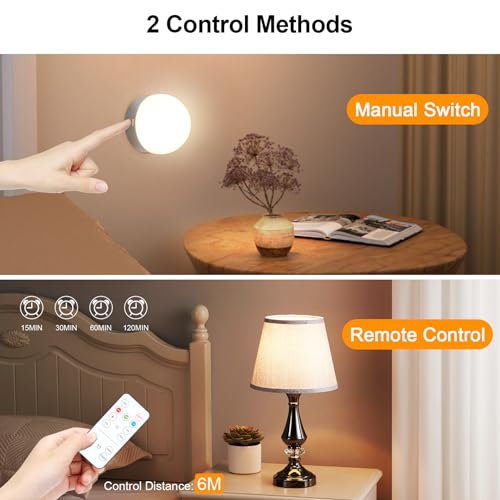 E27 Battery Operated Light Bulb, 2 Pack Rechargeable Cordless Bulbs with Remote Control, Detachable Magnetic Charging, Dimmable LED Bulb with 3 Color Temperatures & Timer for Lamps