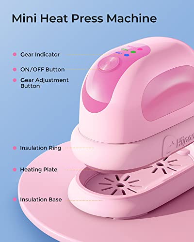 Hiipoo Mini Heat Press Machine for Pressing Small Objects T-Shirts, Shoes, Hats and Heating Transfer, Small Heat Press Portable Iron, 3 Heat Settings (Pink)