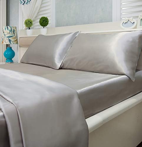 4-Piece Super Soft Silky Satin Bed Sheet Set, Multiple Colors (Full, Silver)