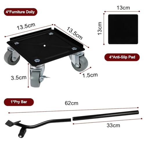 Furniture Lifter Mover 360 Rotation Wheel, Furniture Moving Slider Roller Load 400KG Heavy Duty 4Pcs Furniture Dolly Lifter, 62cm Long Crowbar Mover Tool for Heavy Furniture Cabinet Refrigerator Sofa