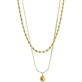 18K Gold Plated Stainless Steel Layered Necklace with Polished Ball Pendant – 16 Inch Double Chain Bead Design, Nickel Free, Hypoallergenic, Waterproof