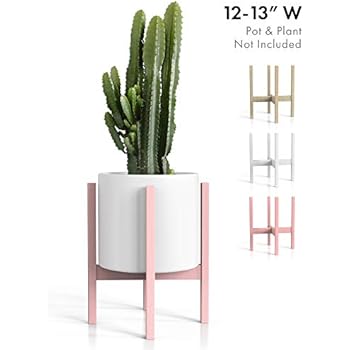 Mid Century Modern Plant Stand - Fits Large 12 & 13 Inch Planter Pots (NOT Included) - Handmade Wood Standing Holder for Tall Indoor House Plants and Outdoor Patio Deck (Pink Rose Quartz)