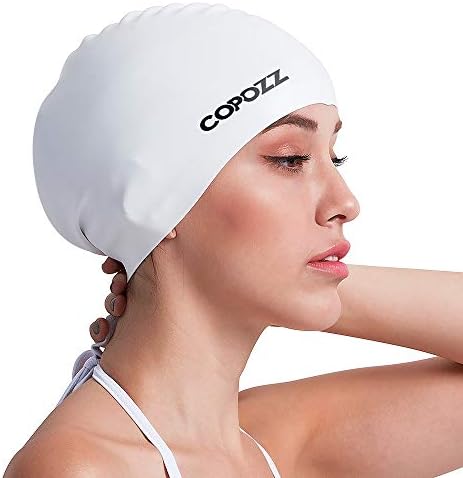COPOZZ Swimming Cap for Men Women Ladies Adult, Comfortable Waterproof Silicone Swimming Hat, White Swim Cap for Long Hair