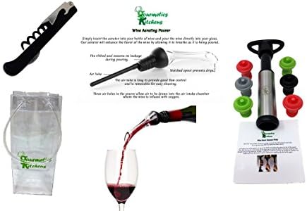 Wine Accessories Gift Set Includes Corkscrew Bottle Opener &amp; Foil Cutter, in-Bottle Wine Aerator, Wine Saver Vacuum Pump, 6 Vacuum Sealers and an Ice Bag to Cool Your Wine by Gourmetics Kitchens