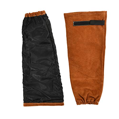 QeeLink Welding Leather Work Sleeves for Men Women Cowhide Fondera Anti-Adhesive Heat Resistant Flame Protective Arm Sleeves Garden Arm Sleeves 1 Pair (Brown)