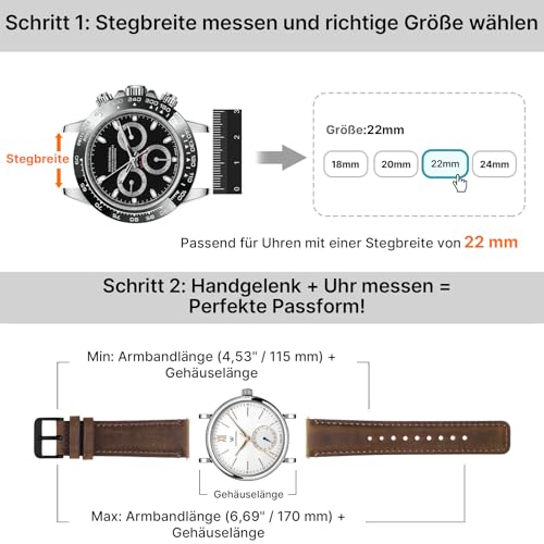 Fullmosa Genuine Leather Watch Straps 22 mm Quick Change Bracelet for Men and Women, Set of 2 Replacement Leather Straps with Stainless Steel Clasp, Coffee & Black with Black Clasps