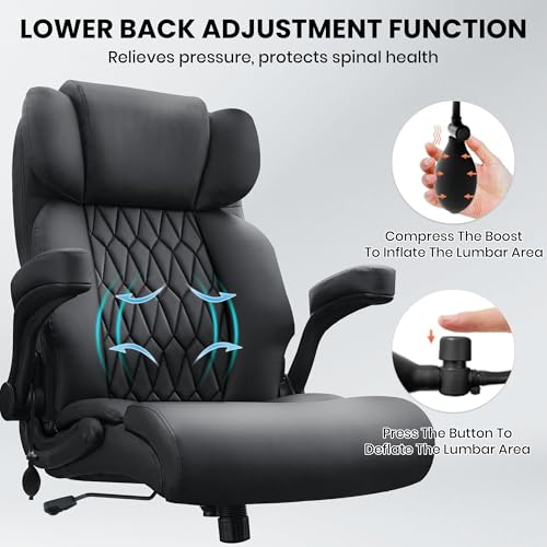 500lbs Big and Tall Office Chair Adjustable Lumbar Support for Back Pain, Extra Wide Seat Executive Office Chair Thick Armrest Pad, Heavy Duty Base Ergonomic Computer Desk Chair