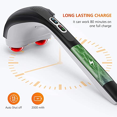 Snailax Cordless Handheld Back Massager with Heat,Deep Tissue Percussion Massager, 3 Sets of Dual Pivoting Heads,Rechargeable Hand Held Massager for Neck,Back Shoulder,Calf,Legs, Gifts for Women Men