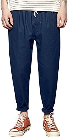 Zeshlla Essential Fashion Modern Summer Men Solid Linen Elastic Soft Casual Loose Ankle-Length Pants Plus Size Black