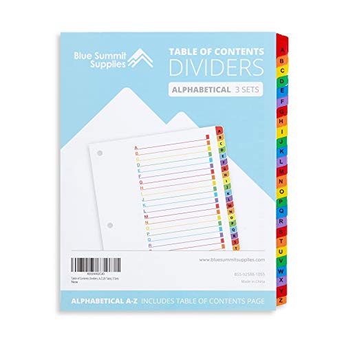 Blue Summit Supplies Alphabet Binder Tab Dividers for 3 Ring Binder or Notebook, A to Z Dividers