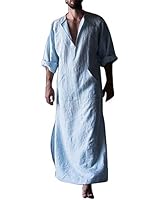 Men’s Casual Muslim Kaftan Abaya Thobe Arab Islamic V Neck Long Robes Side with Pockets