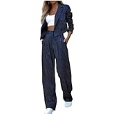 Womens Suits 2 Piece Set Striped Blazer Business Casual Short Lapel Blazer High Waisted Work Pants Straight Leg Pants