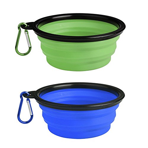 Mpeter Collapsible Dog Bowl,Food Grade Silicone BPA Free FDA Approved,Foldable Dish Cup For Pet Puppies,Water Food Feeding,Expandable and Portable,Set of 2 (S, Blue + Green)