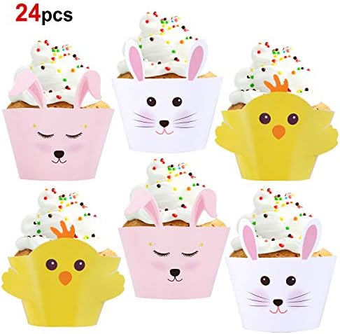 HOWAF 24 Pack Easter Bunny Chicks Cupcake Wrappers, Reversible Easter Cupcake Wrappers Cupcake Decorations for Kids Birthday Easter Party Decorations