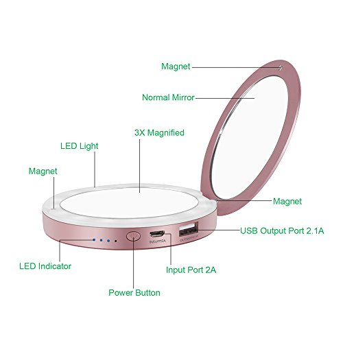 image for Shinngo 3000mAh Portable Charger Mirror Compact Vanity Mirror with Lig