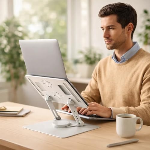 Suporte para Notebook e Tablet com Rotação 360°, Altura e Inclinação Ajustáveis e Braços Duplos — Alumínio Ergonômico Dobrável, 11 a 17 Polegadas, alta resistência
