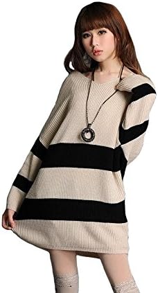 Striped Sweater Womens Long Bat Sleeve V-Neck Pullover(Beige Black)