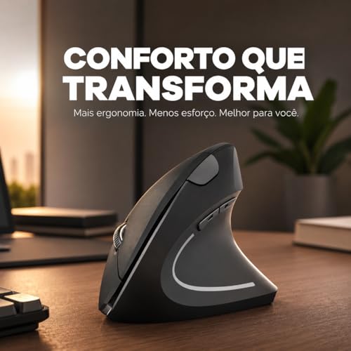 Mouse Ergonômico Sem Fio Vertical Recarregável Silencioso RGB - Reduz Dor no Pulso e Fadiga – Compatível com Windows, Mac, Notebook, PC – Preto, Design Ortopédico DPI Ajustável
