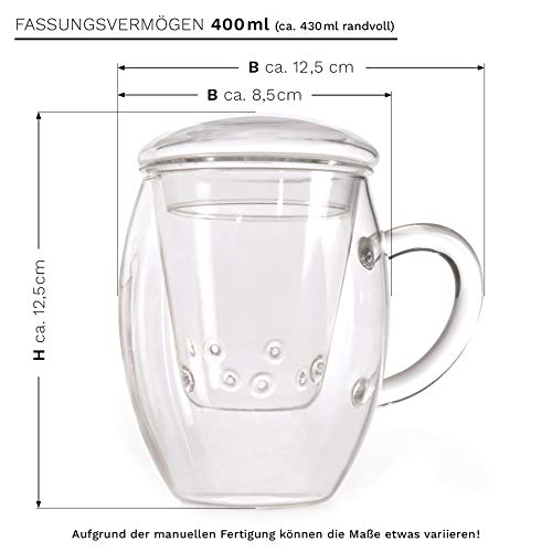 Creano Teeglas all in one, GroÃe Teetasse mit Sieb und Deckel aus Glas, 400ml ein idealer Teebereiter – Bild 3
