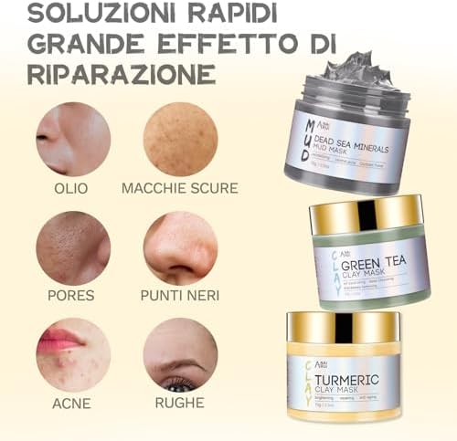 ANAiRUi Maschera Viso Curcuma - Maschera All'argilla Disintossicante Tè Verde - Maschera Fango Mar Morto, Maschere Set Spa, Purificante e Esfoliante e Idratante, 210g