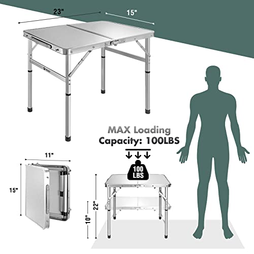 VILLEY Folding Camping Table, 2ft Small Portable Lightweight Outdoor Table with Aluminum Adjustable Legs for Travel Picnic Cooking Beach
