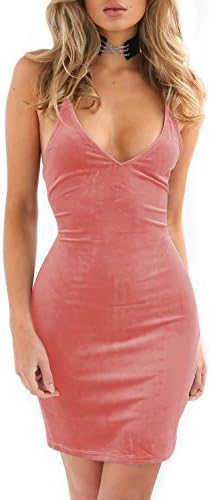 Mulysaa Womens Sexy Sleeveless Bodycon Short Club Dress Spaghetti Strap Backless Velvet Midi Night Out Dress (Pink, Large)