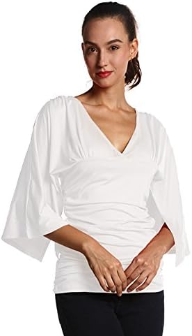 Rita.MK Women's V Neck 3/4 Wide Sleeves Ruched Tunic Tops Blouse T-shirt
