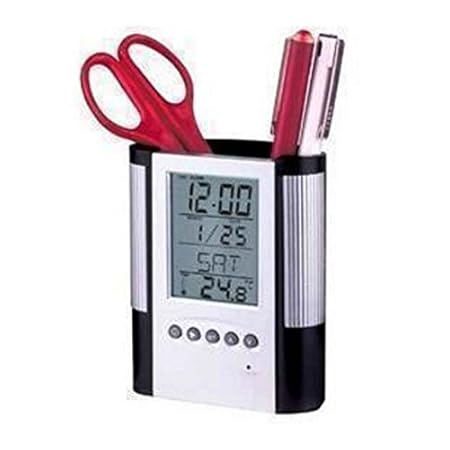 Cpixen Multifunction LCD Digital Desk Clock Calendar Pen Holder