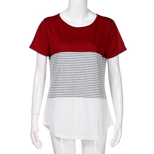 ManxiVoo Short Sleeve T-Shirt Women Loose Triple Color Block Stripe Cotton Blouse Casual O-Neck Tops (L, Wine Red)