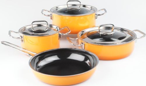 PorSteel Enamel Nonstick Healty Porcelain Coated Inside 7-Piece Cookware Set (Saffron)