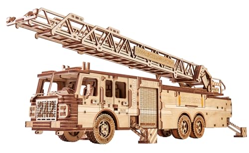 Wood Trick Movable Rescue Fire Truck - Extendable Swivel Ladder - 3D Wooden Puzzle for Adults and Kids to Build - Walks Up to 20 Feet - Wooden Models Engineering