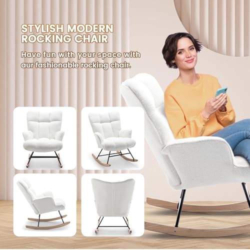 SAETSFEG Rocking Chair Nursery Teddy Upholstered Glider Rocker Chair Padded Seat with High Backrest Armchair Comfy Nursing Chair Indoor for Living Room Bedroom, White