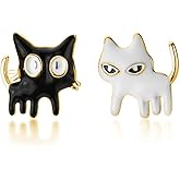 SLUYNZ Sterling Silver Cat Earrings Studs for Women Teen Girls Black White Cat Studs Earrings Cute Animal Earrings