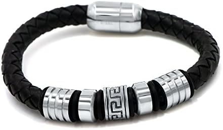Mens Leather Stainless Steel Bracelet, Charm Cuff Bangle, Black Silver-tone, 8.5" Magnetic Clasp 1/2"wide
