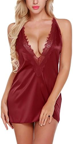 Declare Women Satin Lace Patchwork Sexy Spaghetti Strap Chemise G-String Lingerie Pajamas(Red XL)