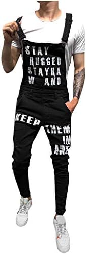 JustWin Men's Denim Letter Shredded Jumpsuit Plus Size Streetwear Overall Suspender Pants