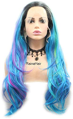 Colorful Synthetic Lace Front Wig Purple Blue Green Yellow Mixed Body Wave Lace Wigs for Women Girl Cosplay Holiday Party 24inches RainaHair (Highlight Blue)