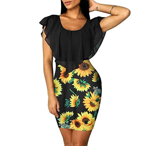 Women Summer Casual T Shirt Dresses, Tronet Sexy Womens Sleeveless Sunflower Printed Bodycon Holiday Party Short Mini Dress