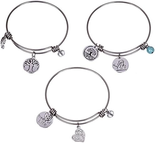 Silver Plated Stainless Steel Expandable Charm Bracelet Bangle - Tree of Life Set of 3